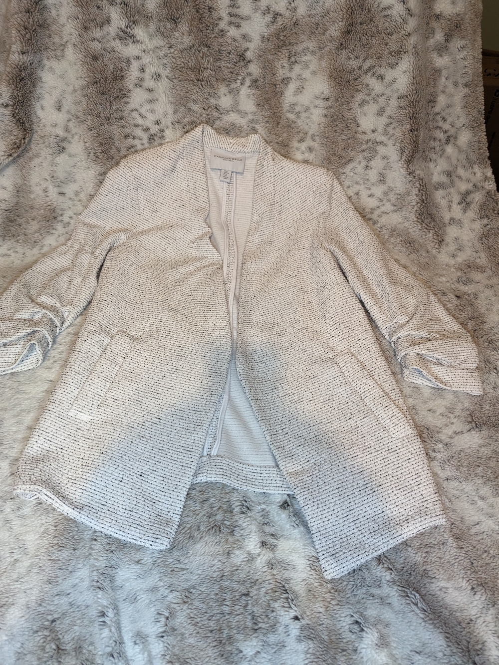 Carolina Belle Montreal Tweed Boucle Knit Open Front Blazer Cardigan Cream M